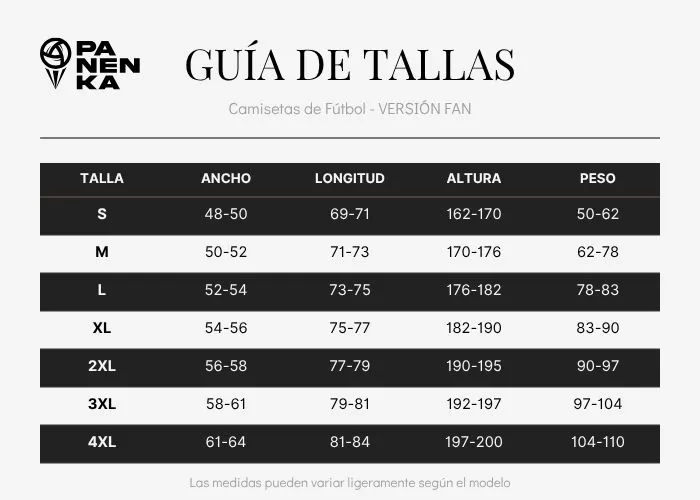 Guía de tallas VERSION FAN